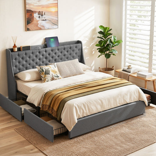 Celeste Bed Frame with 4 Storage Drawers and Charging Station Tufted Wingback Headboard - Grey King