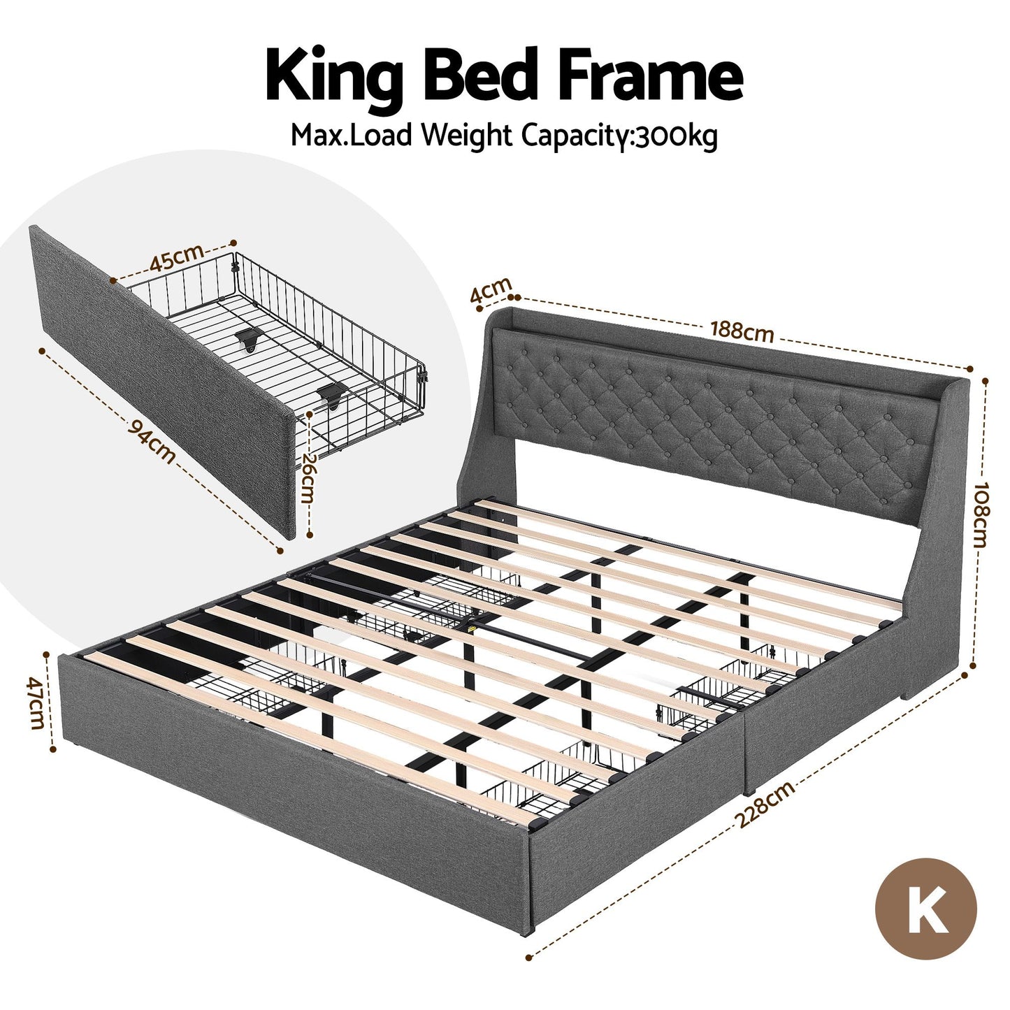Celeste Bed Frame with 4 Storage Drawers and Charging Station Tufted Wingback Headboard - Grey King