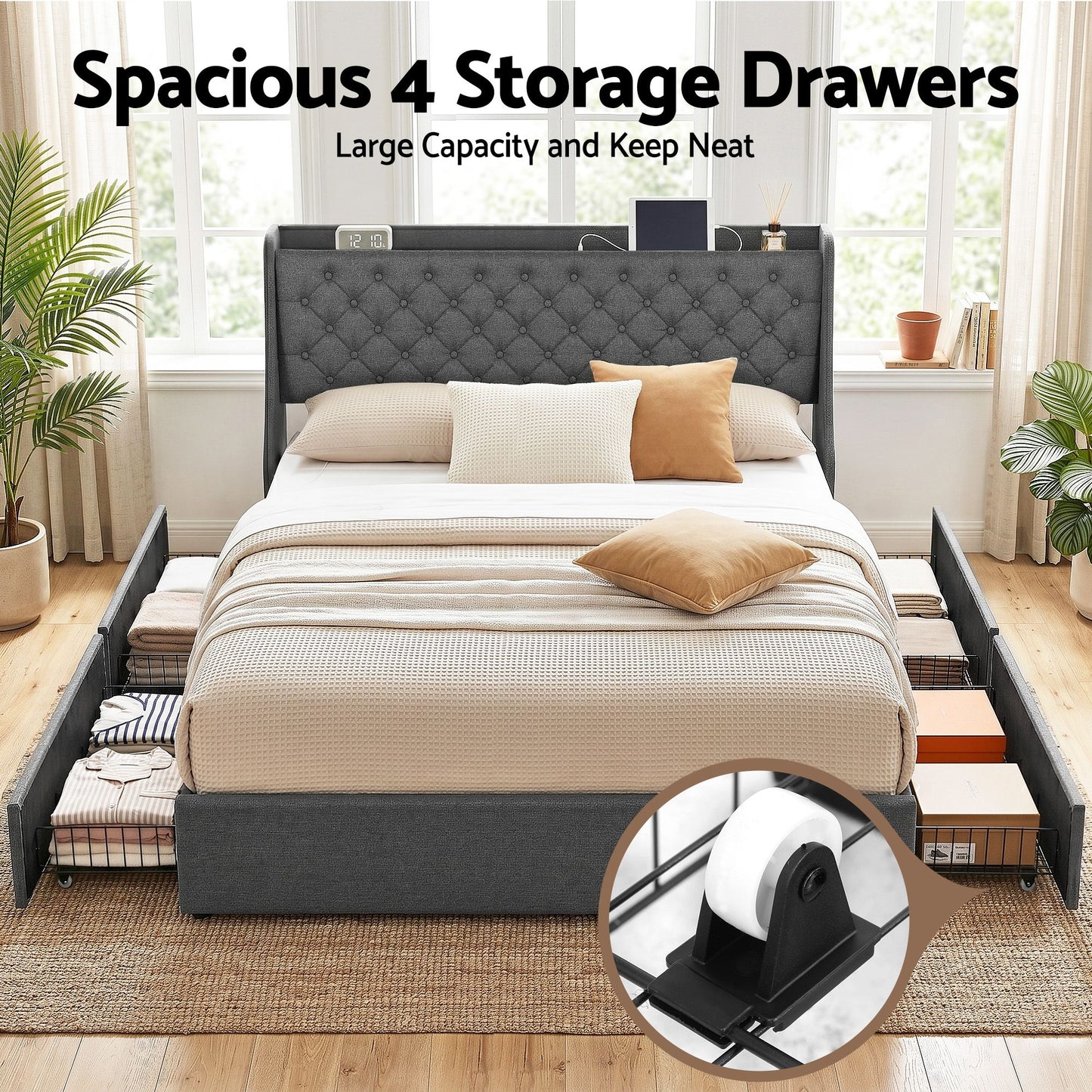 Celeste Bed Frame with 4 Storage Drawers and Charging Station Tufted Wingback Headboard - Grey King