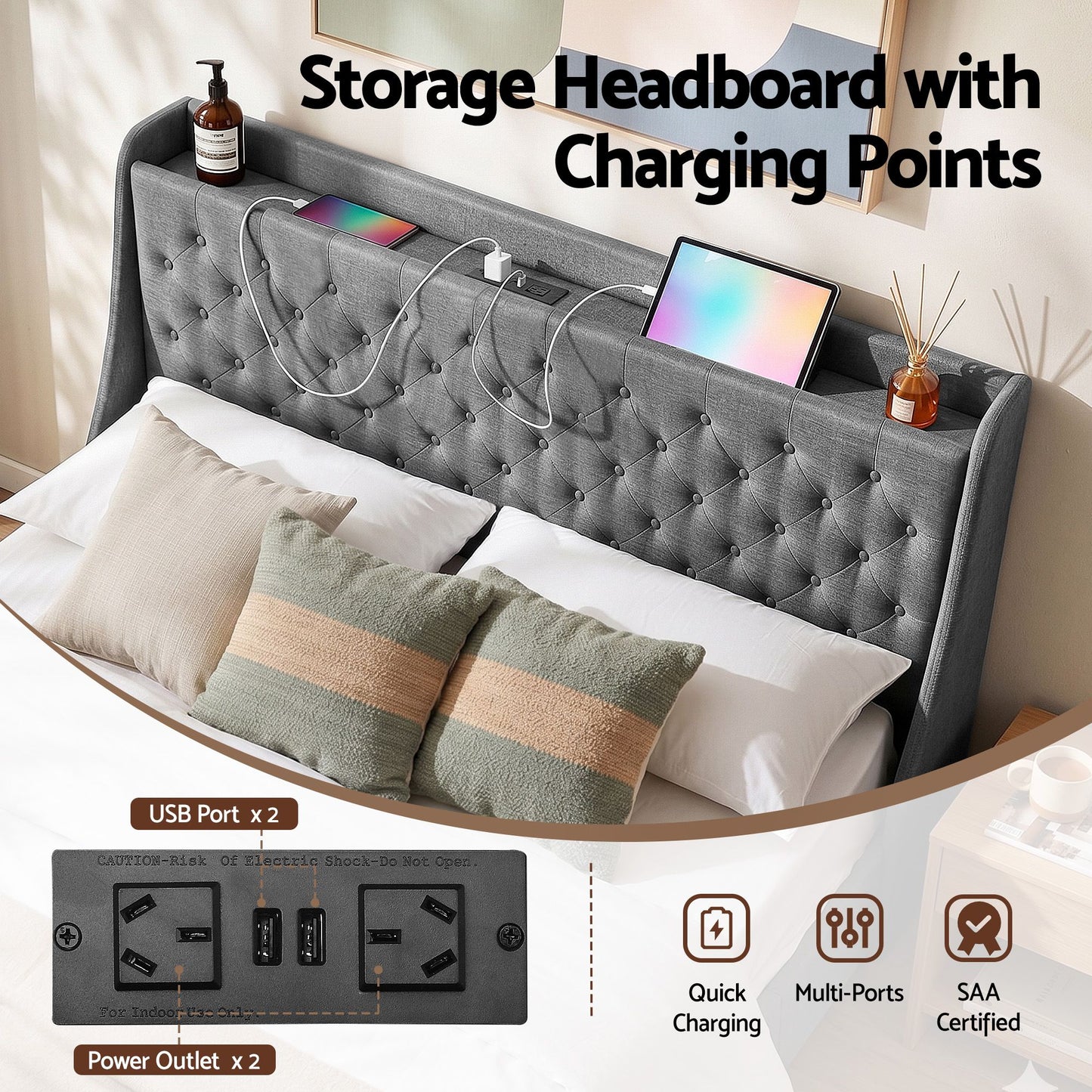 Celeste Bed Frame with 4 Storage Drawers and Charging Station Tufted Wingback Headboard - Grey King