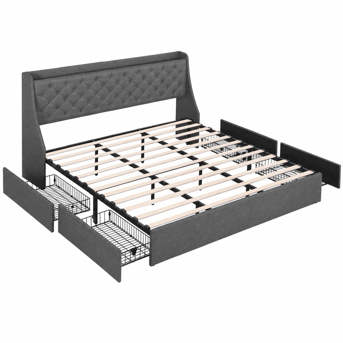 Celeste Bed Frame with 4 Storage Drawers and Charging Station Tufted Wingback Headboard - Grey King