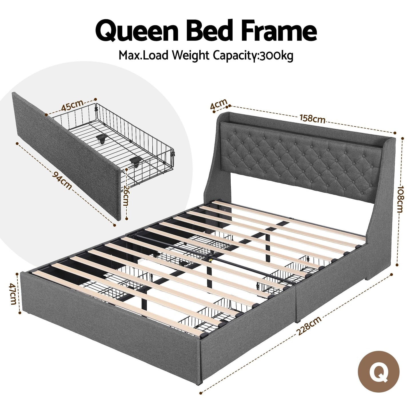 Morgana Bed & Mattress Package with 22cm Mattress - Grey Queen