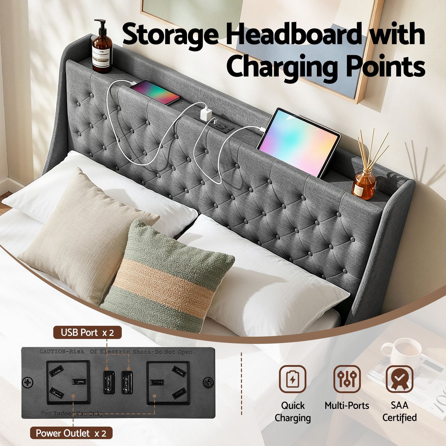 Celeste Bed Frame with 4 Storage Drawers and Charging Station Tufted Wingback Headboard - Grey Queen