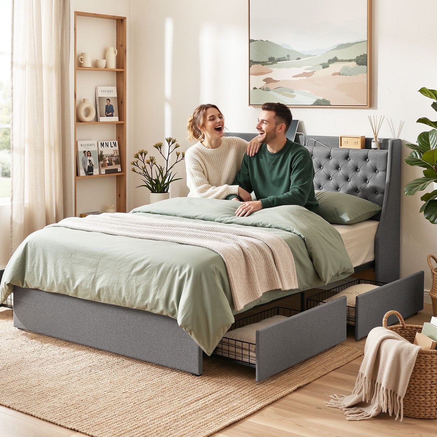 Celeste Bed Frame with 4 Storage Drawers and Charging Station Tufted Wingback Headboard - Grey Queen