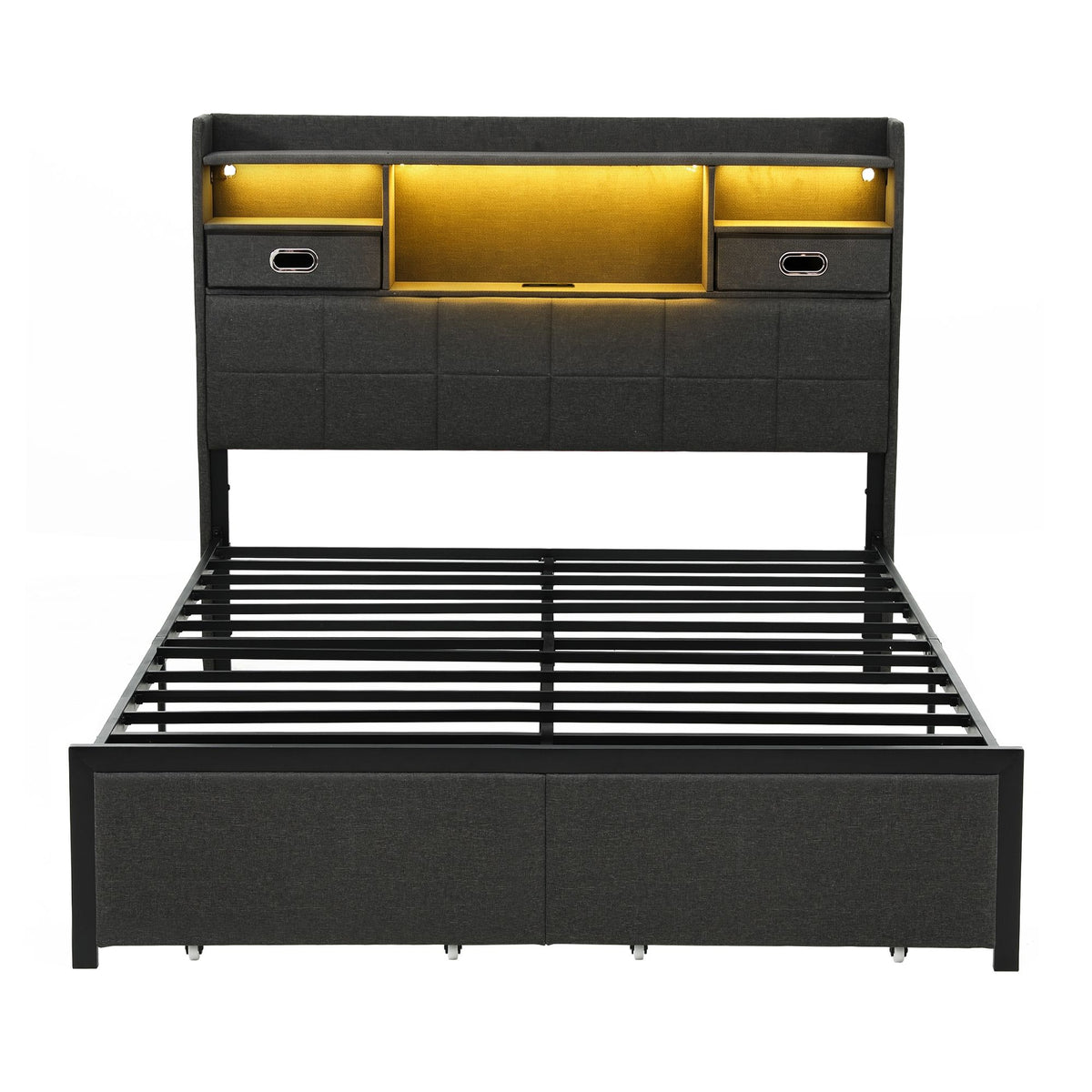 Corsica Bed Frame with 2 Storage Drawers & Headboard USB Charging Station, RGB LED Light - Dark Grey Double