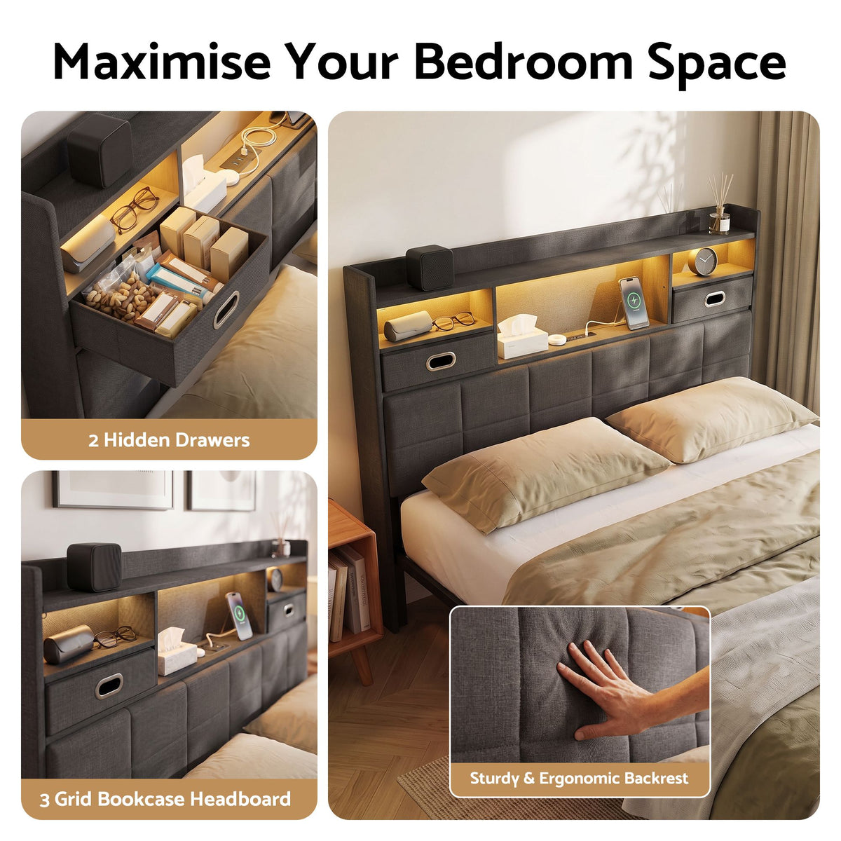 Corsica Bed Frame with 2 Storage Drawers & Headboard USB Charging Station, RGB LED Light - Dark Grey Double