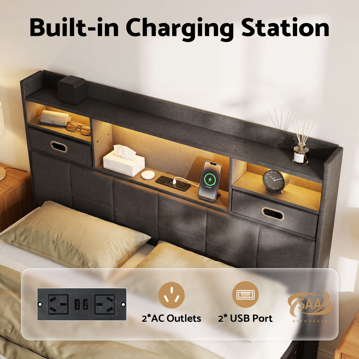 Corsica Bed Frame with 2 Storage Drawers & Headboard USB Charging Station, RGB LED Light - Dark Grey Double