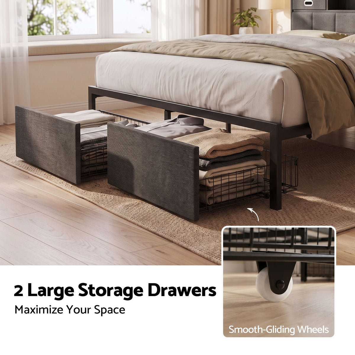 Corsica Bed Frame with 2 Storage Drawers & Headboard USB Charging Station, RGB LED Light - Dark Grey Double