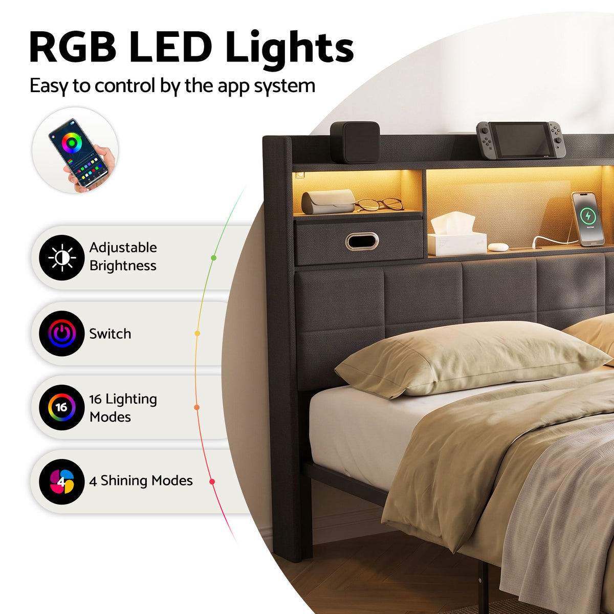Corsica Bed Frame with 2 Storage Drawers & Headboard USB Charging Station, RGB LED Light - Dark Grey Double