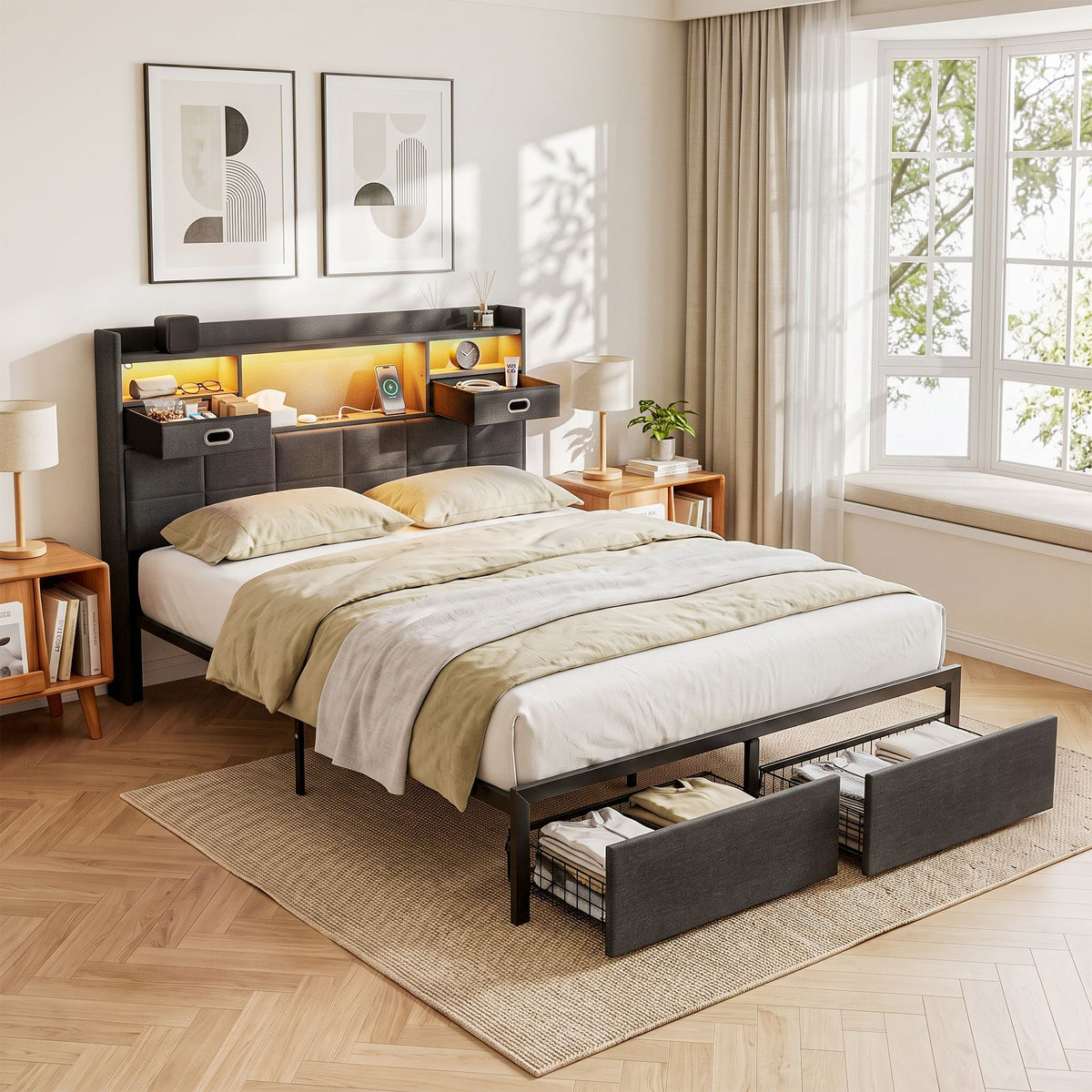 Corsica Bed Frame with 2 Storage Drawers & Headboard USB Charging Station, RGB LED Light - Dark Grey Queen