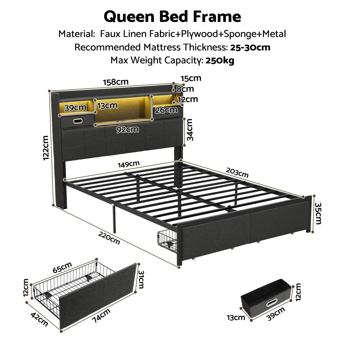 Corsica Bed Frame with 2 Storage Drawers & Headboard USB Charging Station, RGB LED Light - Dark Grey Queen