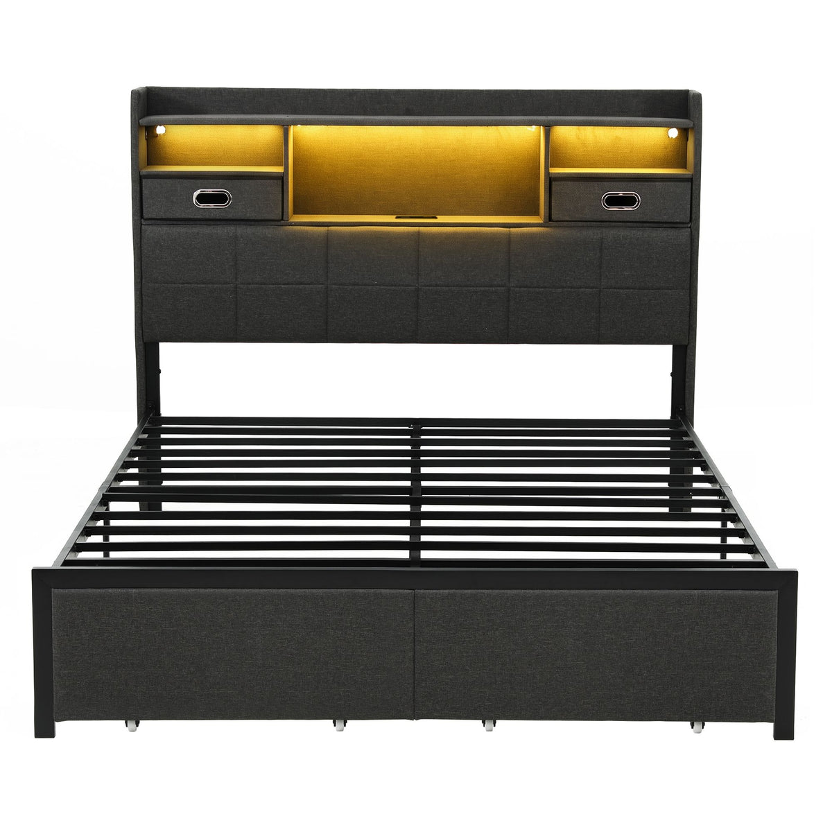 Corsica Bed Frame with 2 Storage Drawers & Headboard USB Charging Station, RGB LED Light - Dark Grey Queen