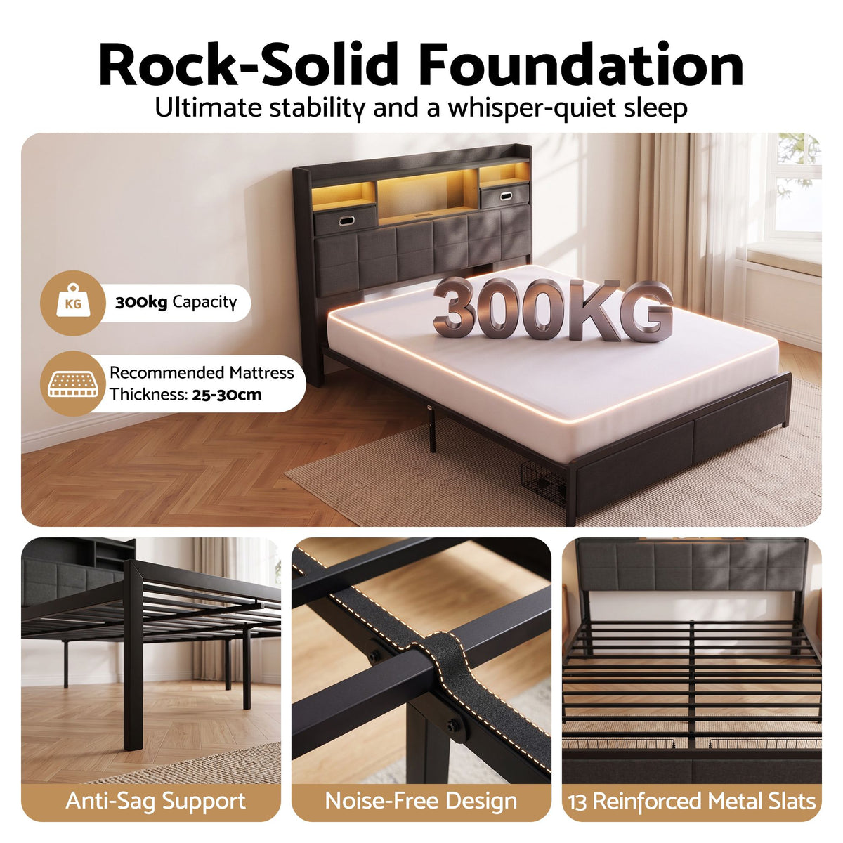 Corsica Bed Frame with 2 Storage Drawers & Headboard USB Charging Station, RGB LED Light - Dark Grey Queen