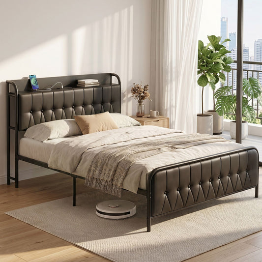 Vesper Bed Frame with Storage Headboard - Black Double