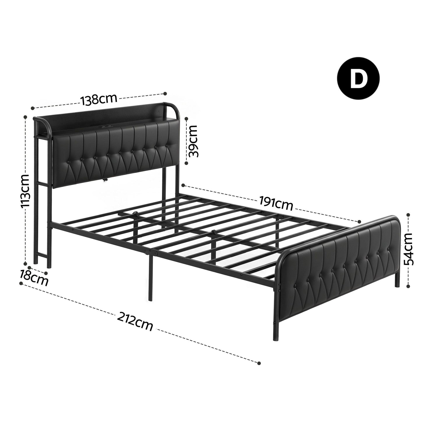 Vesper Bed Frame with Storage Headboard - Black Double