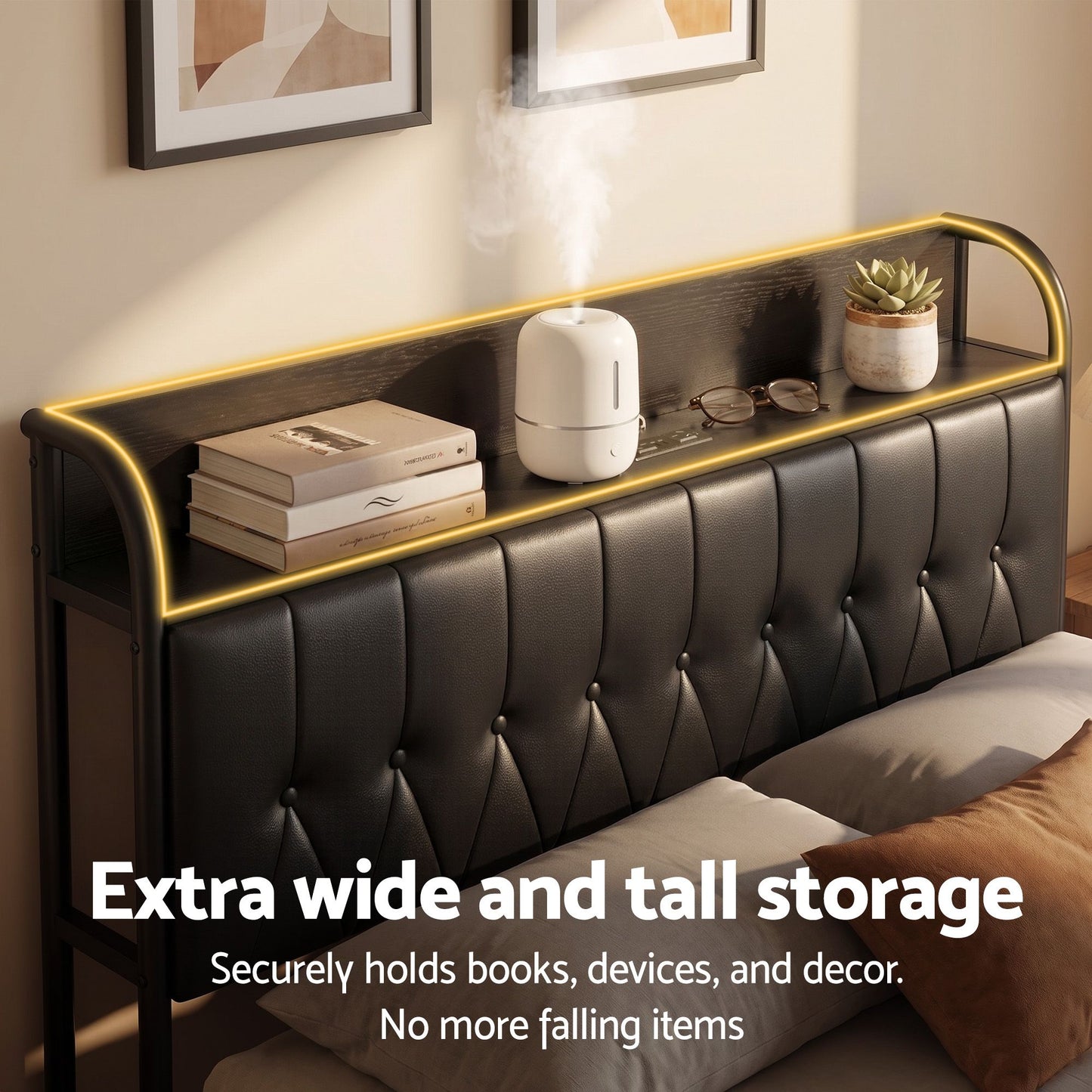 Vesper Bed Frame with Storage Headboard - Black Double