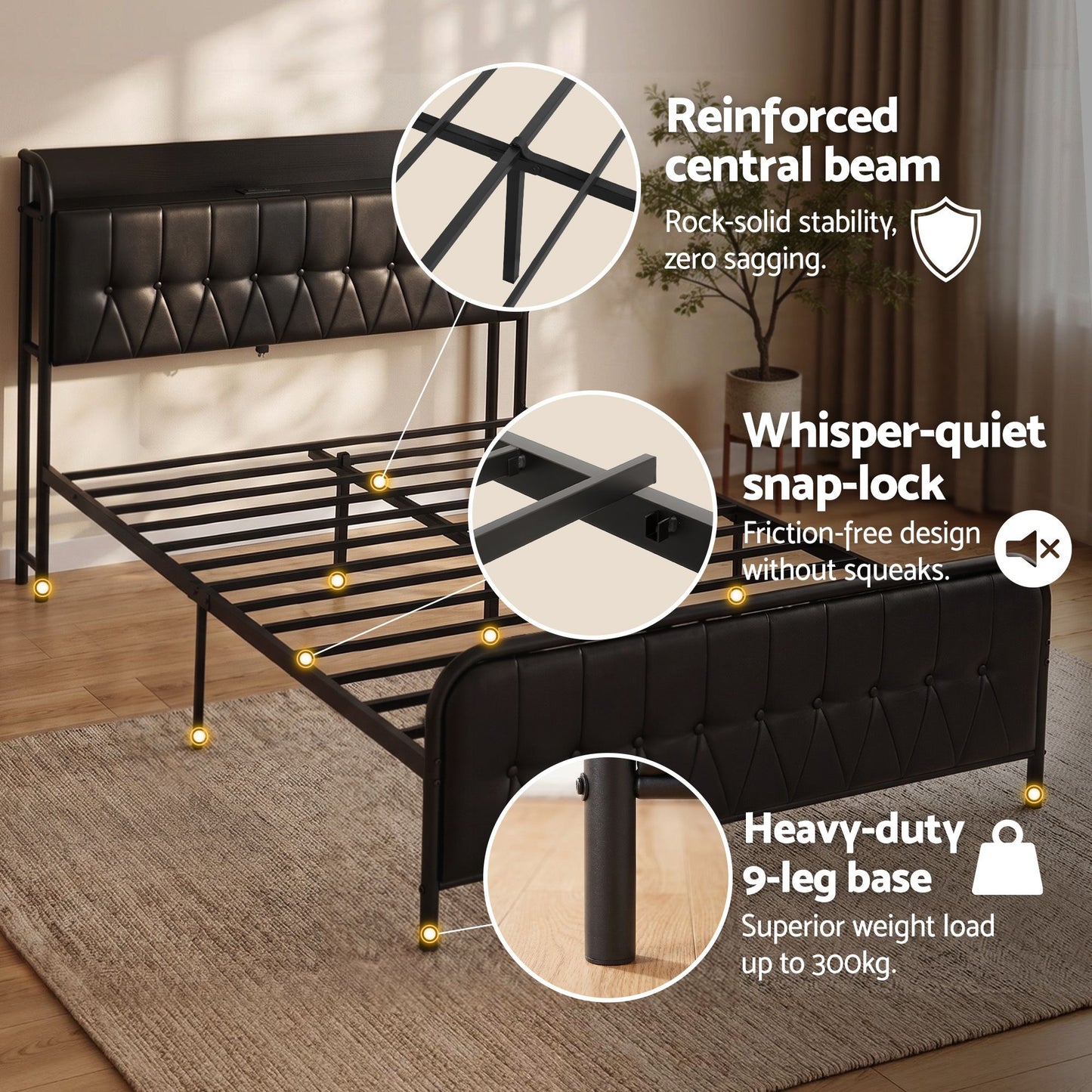 Vesper Bed Frame with Storage Headboard - Black Double