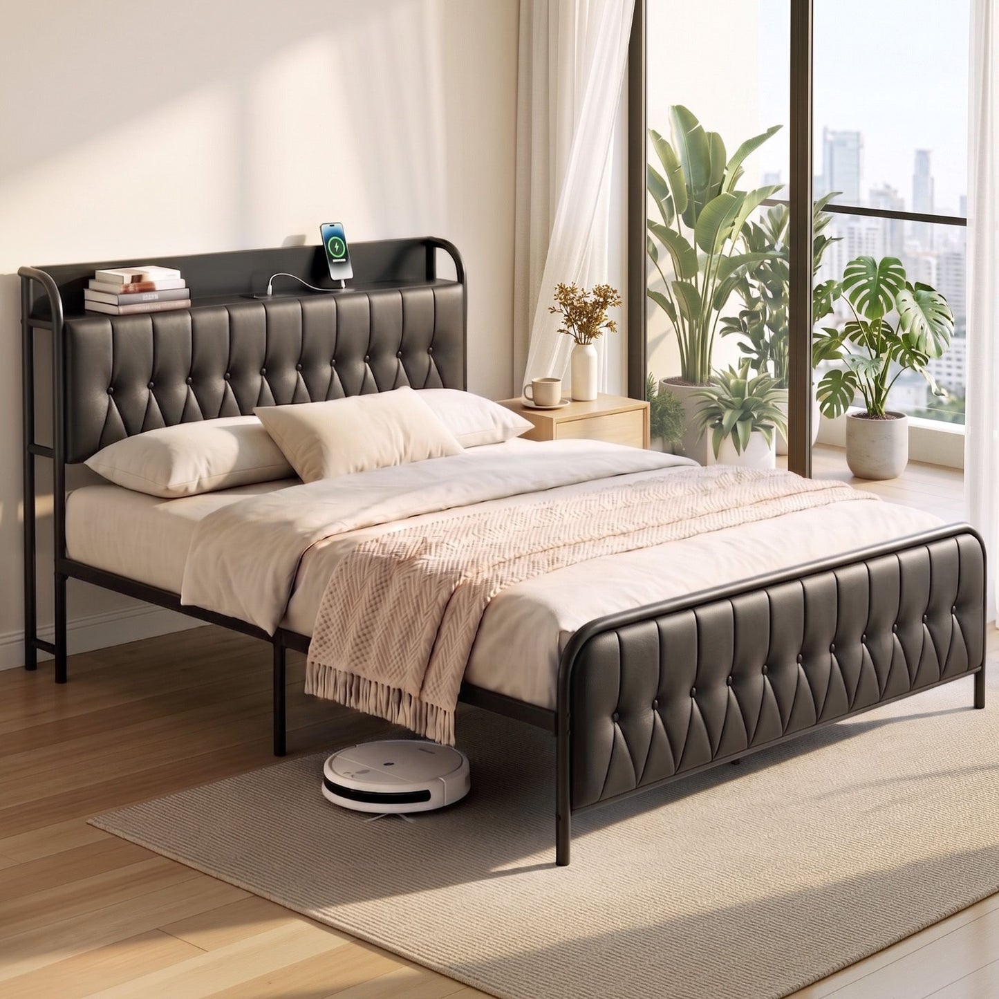 Napoli Bed Frame with Storage Headboard Charging Station - Black Queen