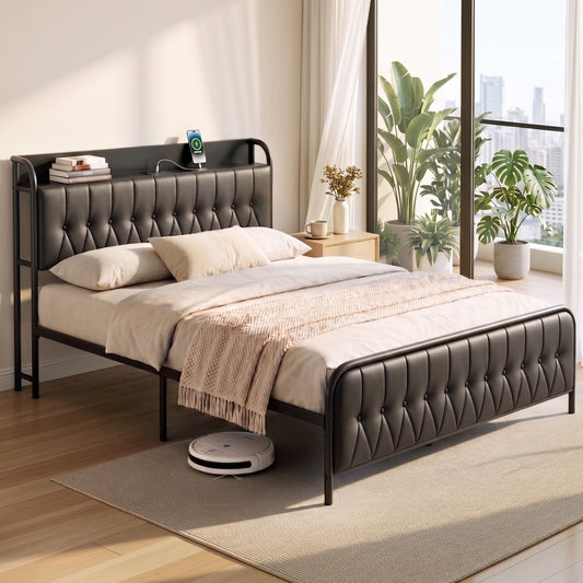 Napoli Bed Frame with Storage Headboard Charging Station - Black Queen