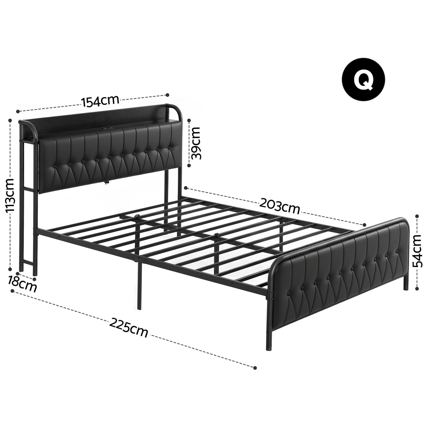 Napoli Bed Frame with Storage Headboard Charging Station - Black Queen