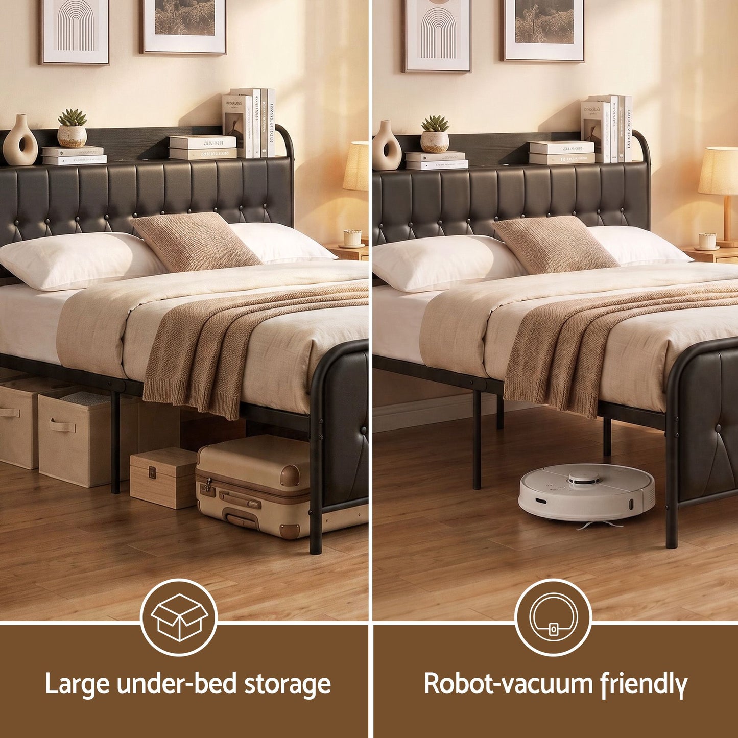 Napoli Bed Frame with Storage Headboard Charging Station - Black Queen
