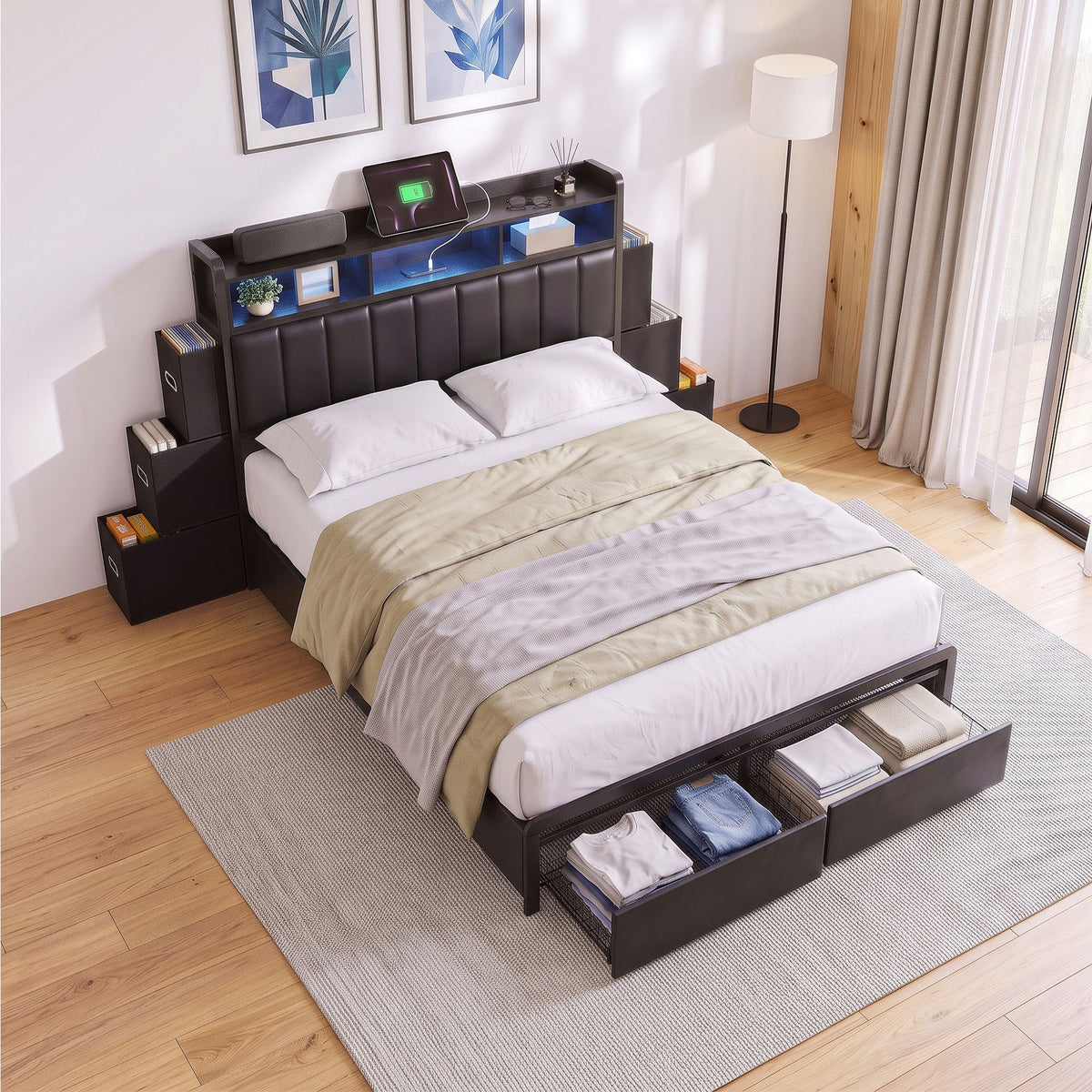 Geneva Bed Frame with Storage Headboard with 2 Drawers Charging Station LED Light - Black Double