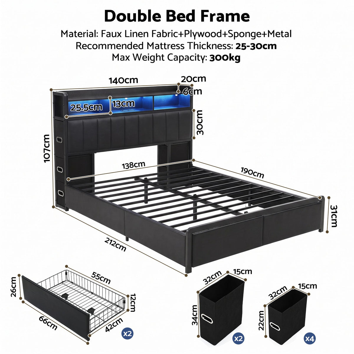 Geneva Bed Frame with Storage Headboard with 2 Drawers Charging Station LED Light - Black Double