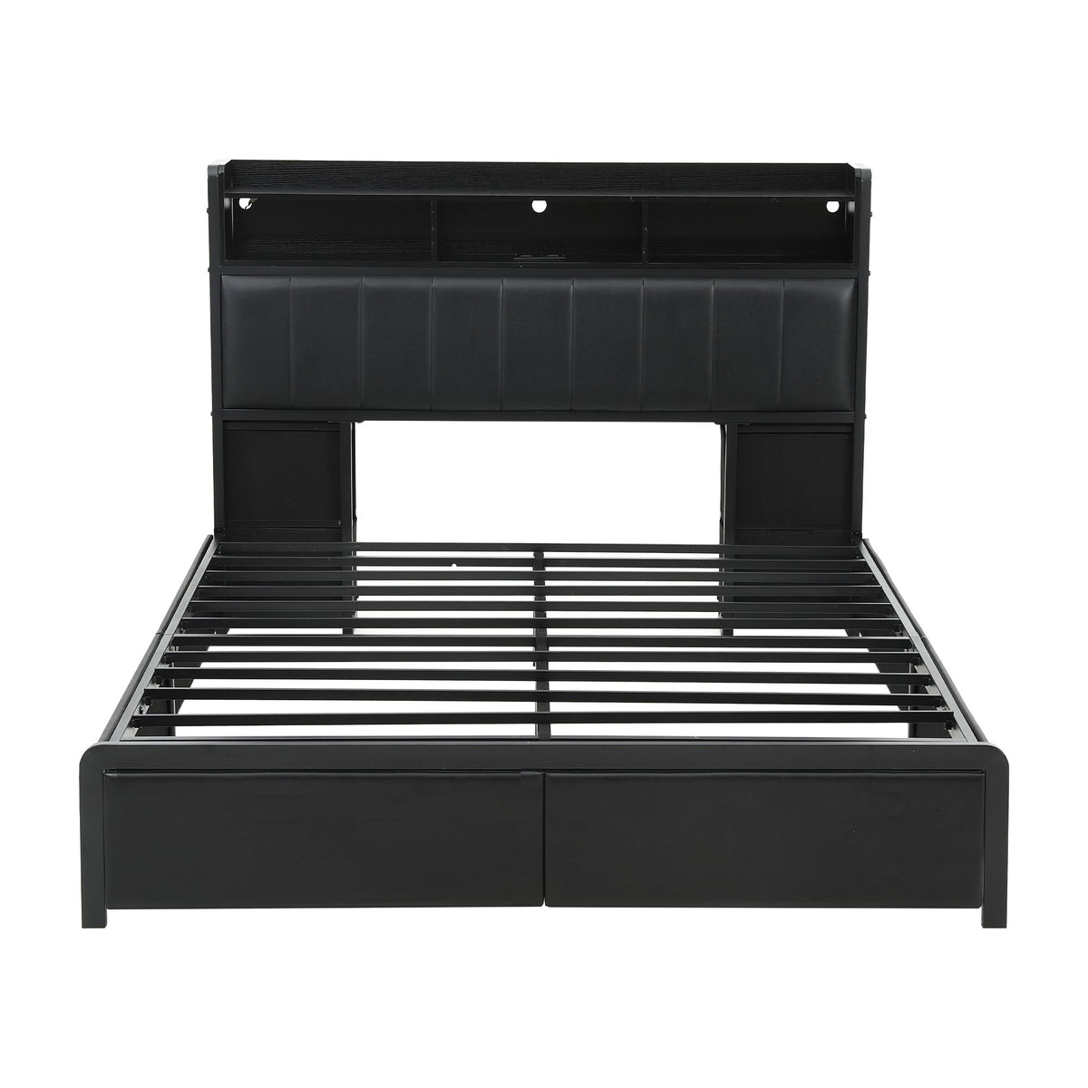 Geneva Bed Frame with Storage Headboard with 2 Drawers Charging Station LED Light - Black Double