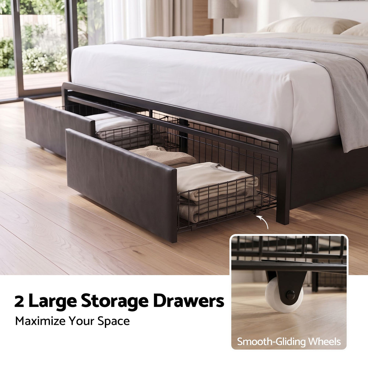 Geneva Bed Frame with Storage Headboard with 2 Drawers Charging Station LED Light - Black Double