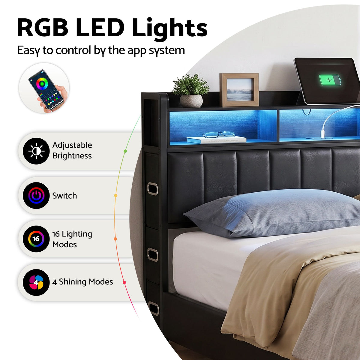 Geneva Bed Frame with Storage Headboard with 2 Drawers Charging Station LED Light - Black Double