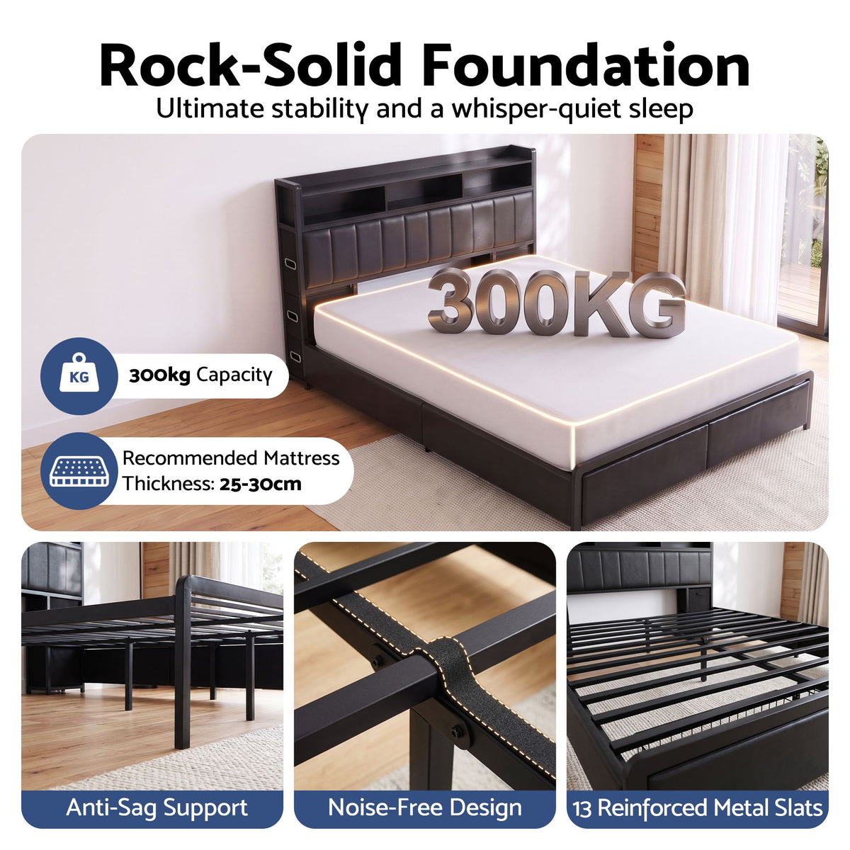 Geneva Bed Frame with Storage Headboard with 2 Drawers Charging Station LED Light - Black Double
