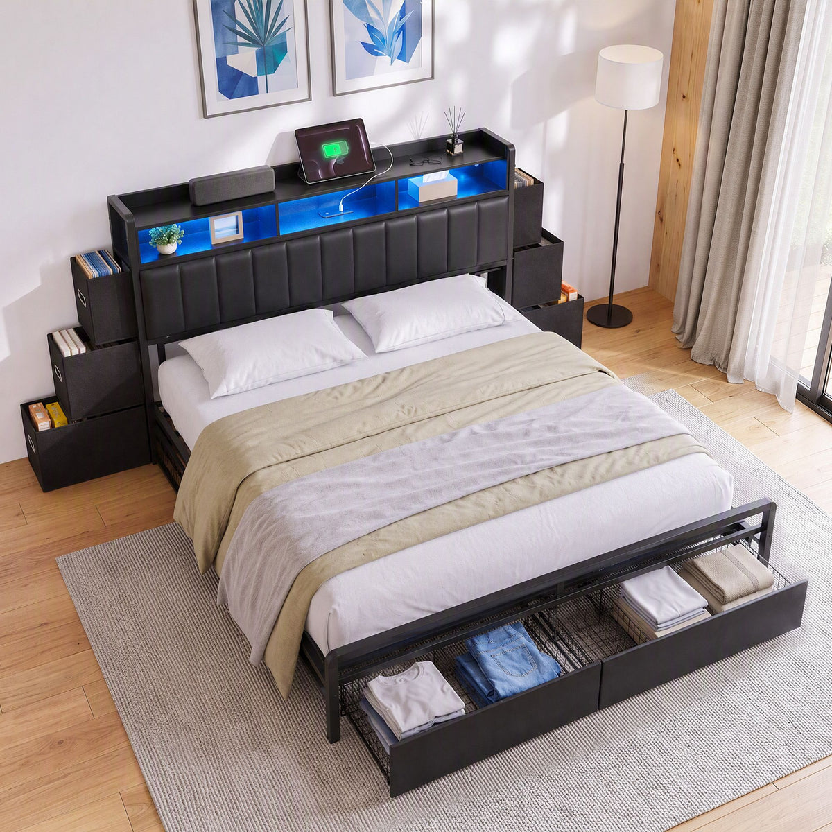 Geneva Bed Frame with Storage Headboard with 2 Drawers Charging Station LED Light - Black King