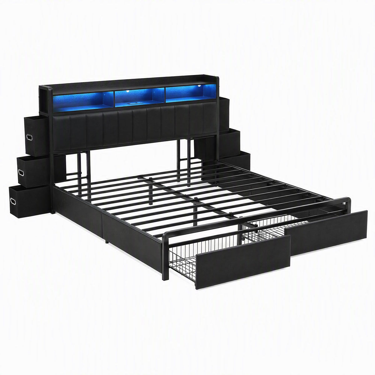 Geneva Bed Frame with Storage Headboard with 2 Drawers Charging Station LED Light - Black King