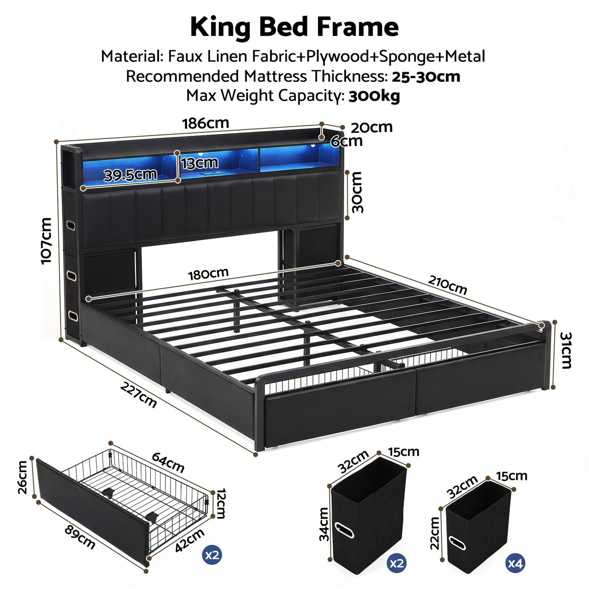 Geneva Bed Frame with Storage Headboard with 2 Drawers Charging Station LED Light - Black King