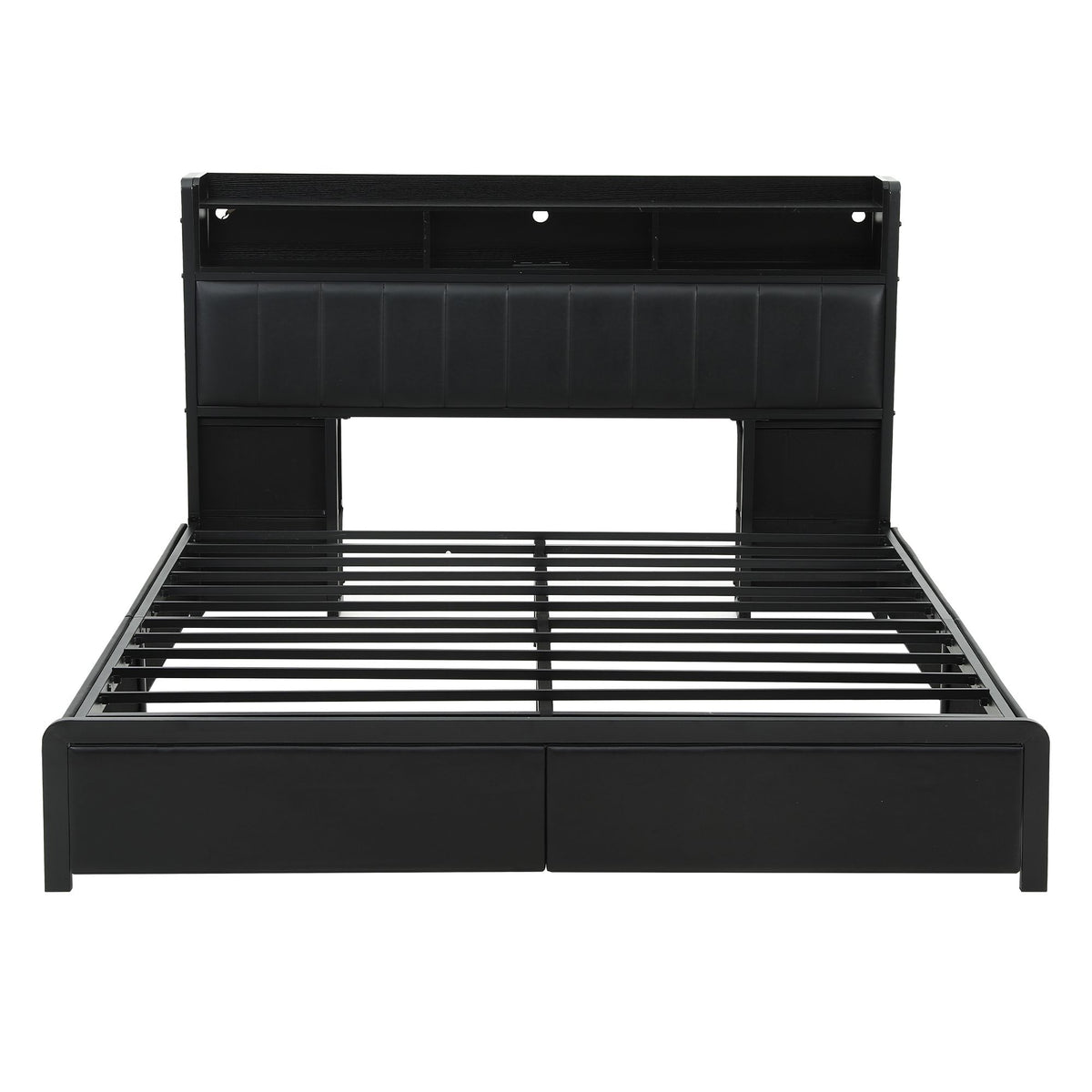 Geneva Bed Frame with Storage Headboard with 2 Drawers Charging Station LED Light - Black King