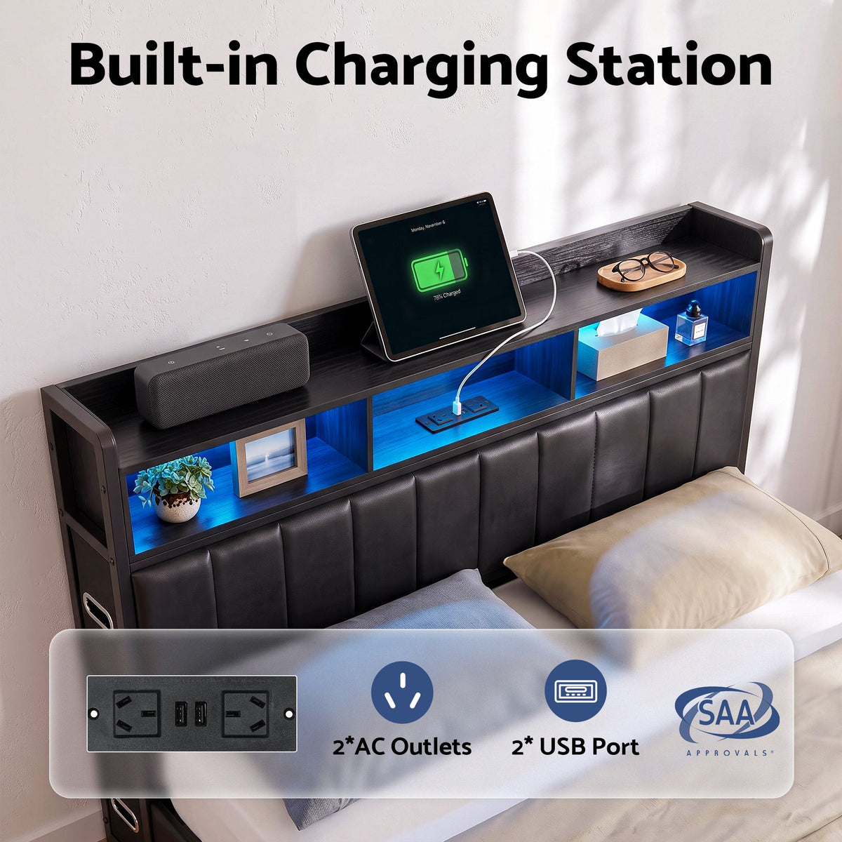 Geneva Bed Frame with Storage Headboard with 2 Drawers Charging Station LED Light - Black King