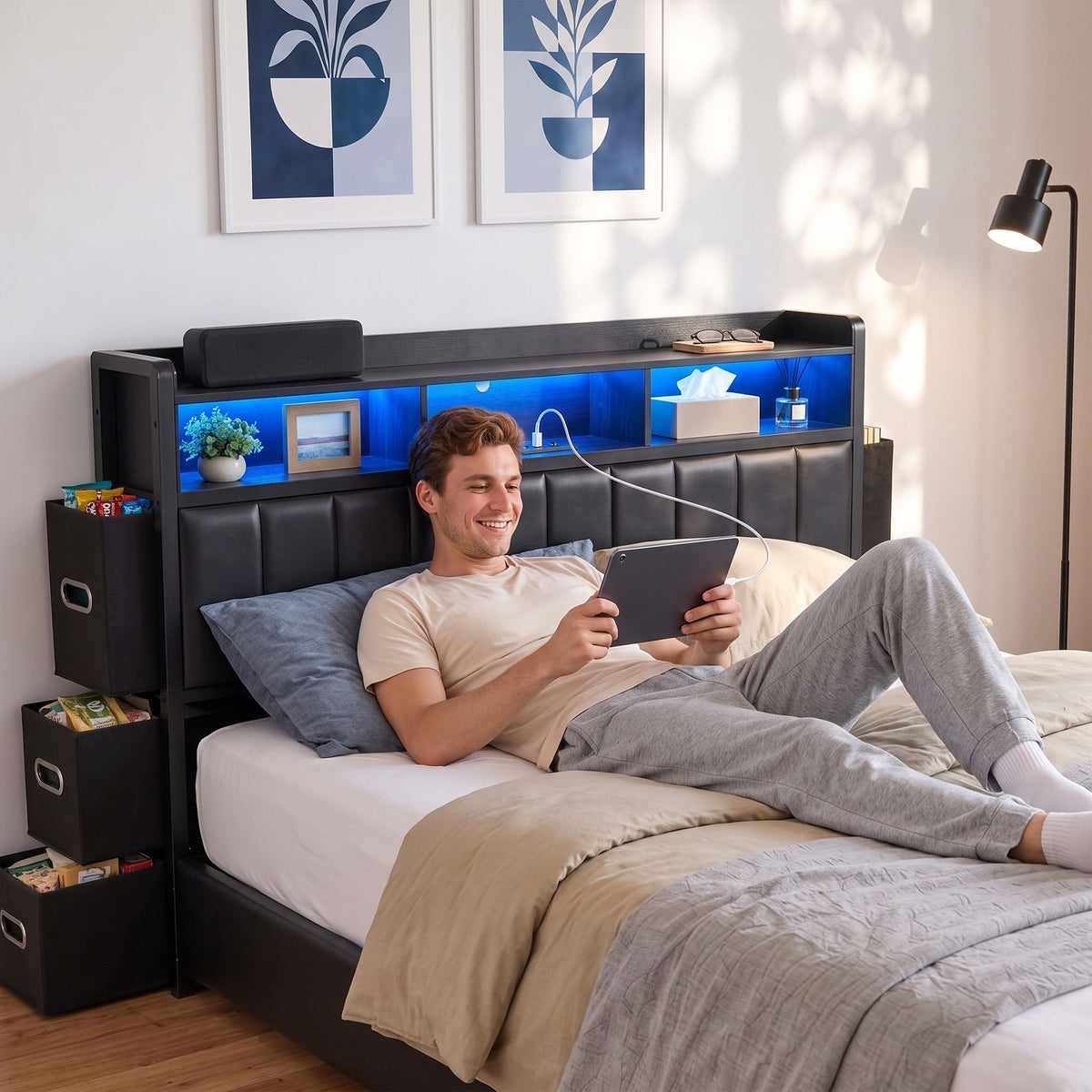 Geneva Bed Frame with Storage Headboard with 2 Drawers Charging Station LED Light - Black King