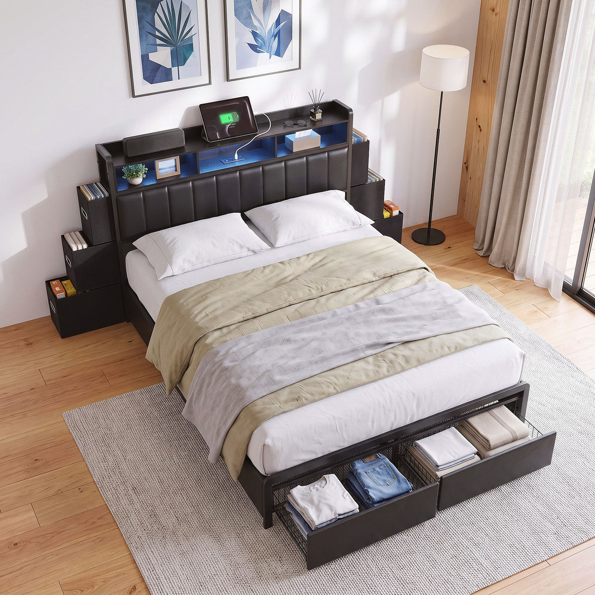 Geneva Bed Frame with Storage Headboard with 2 Drawers Charging Station LED Light - Black Queen