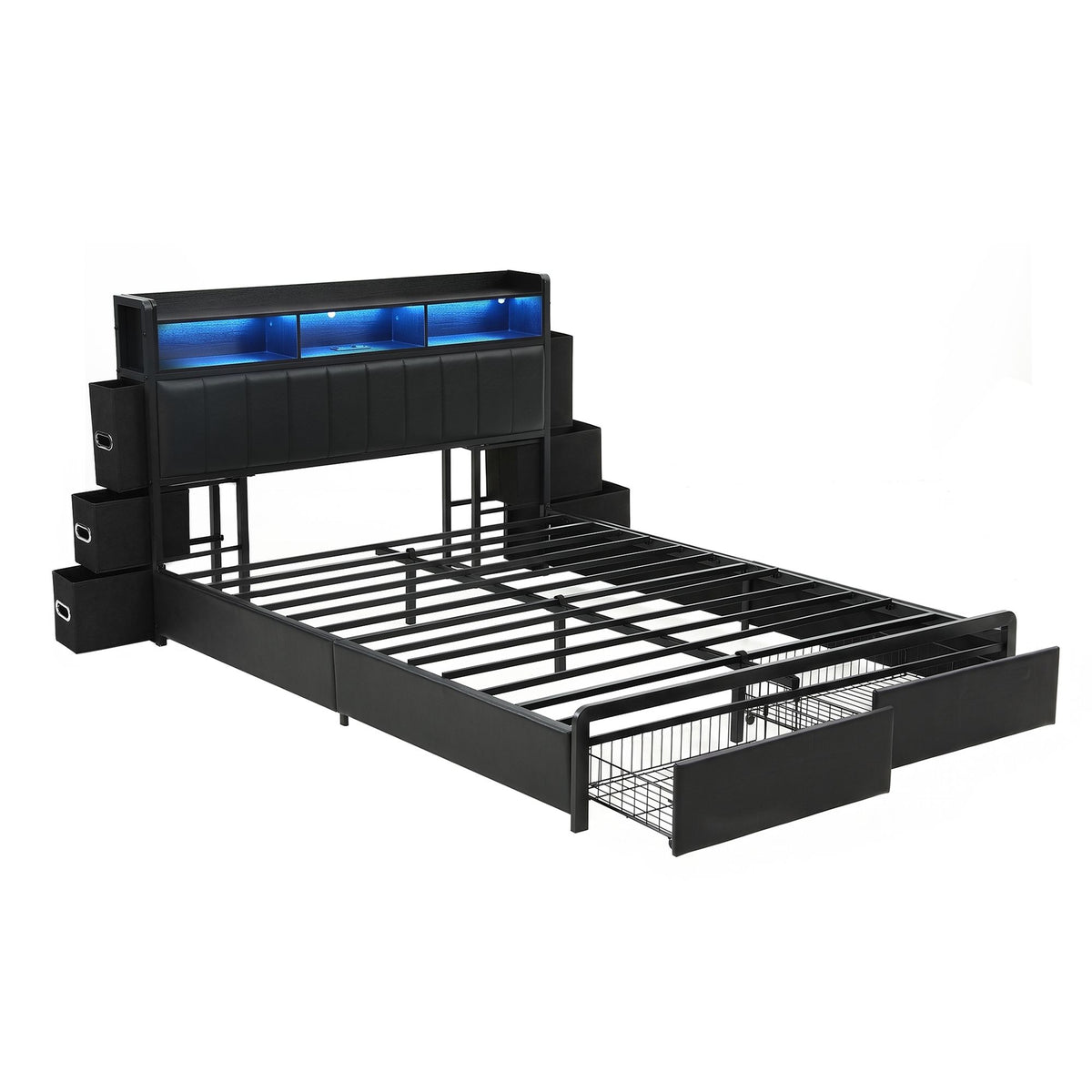 Geneva Bed Frame with Storage Headboard with 2 Drawers Charging Station LED Light - Black Queen