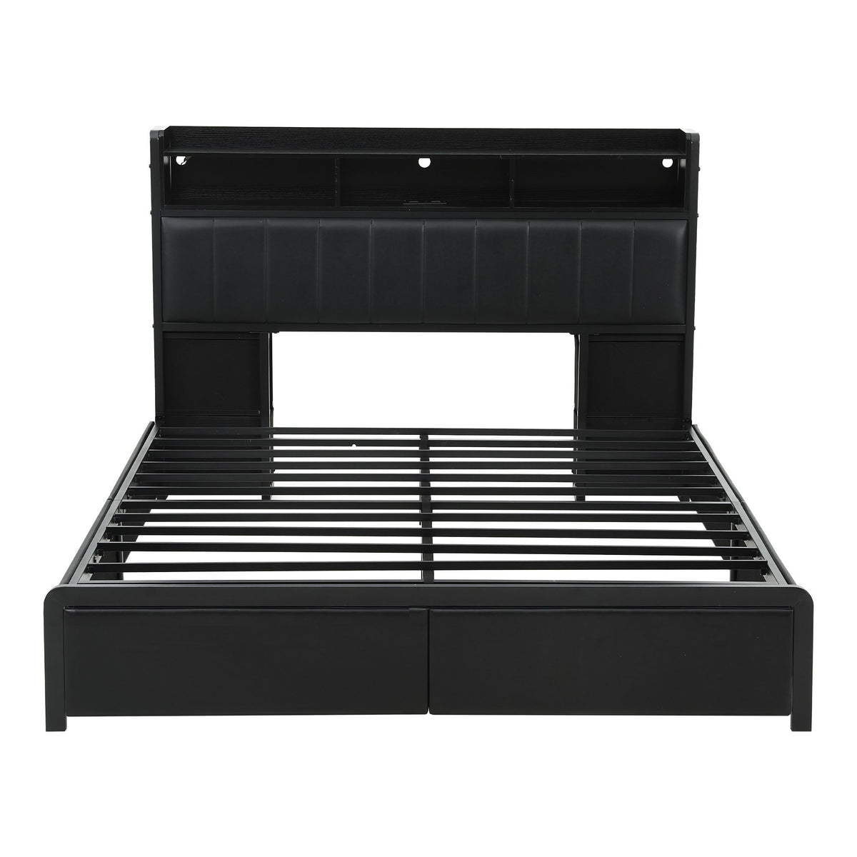 Geneva Bed Frame with Storage Headboard with 2 Drawers Charging Station LED Light - Black Queen