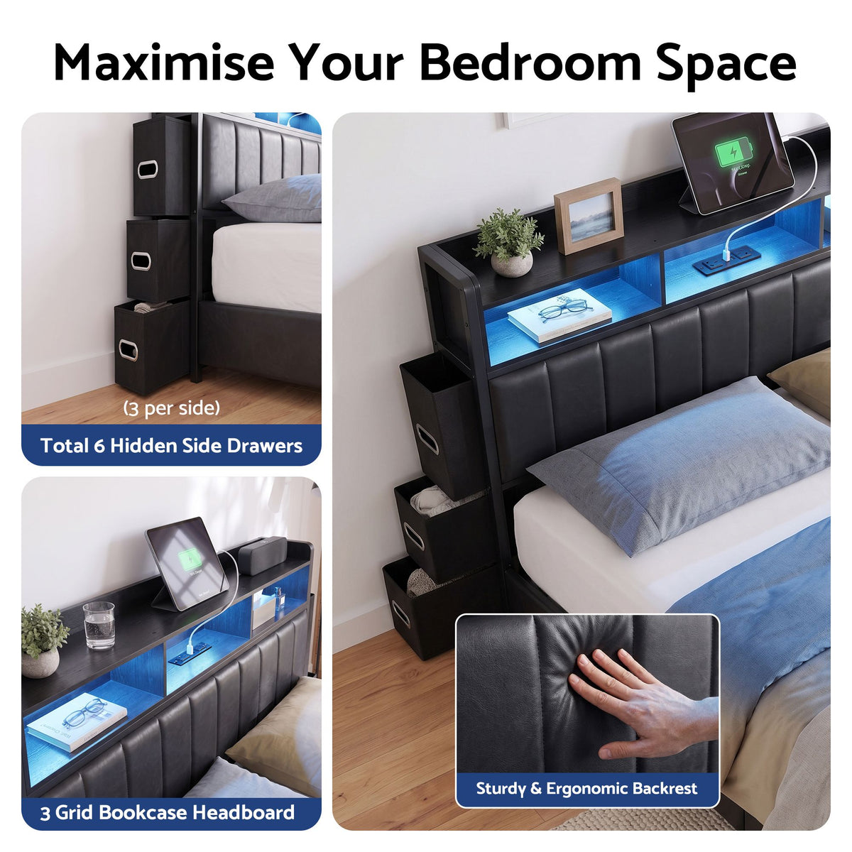 Geneva Bed Frame with Storage Headboard with 2 Drawers Charging Station LED Light - Black Queen