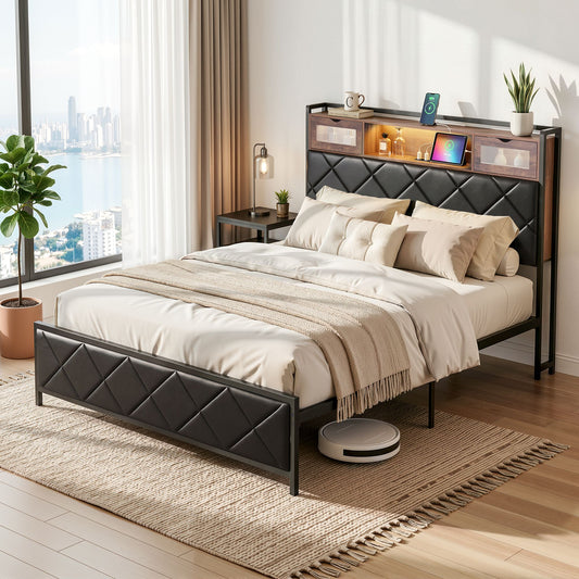 Muse Bed Frame with LED Lights Storage Headboard - Black Double