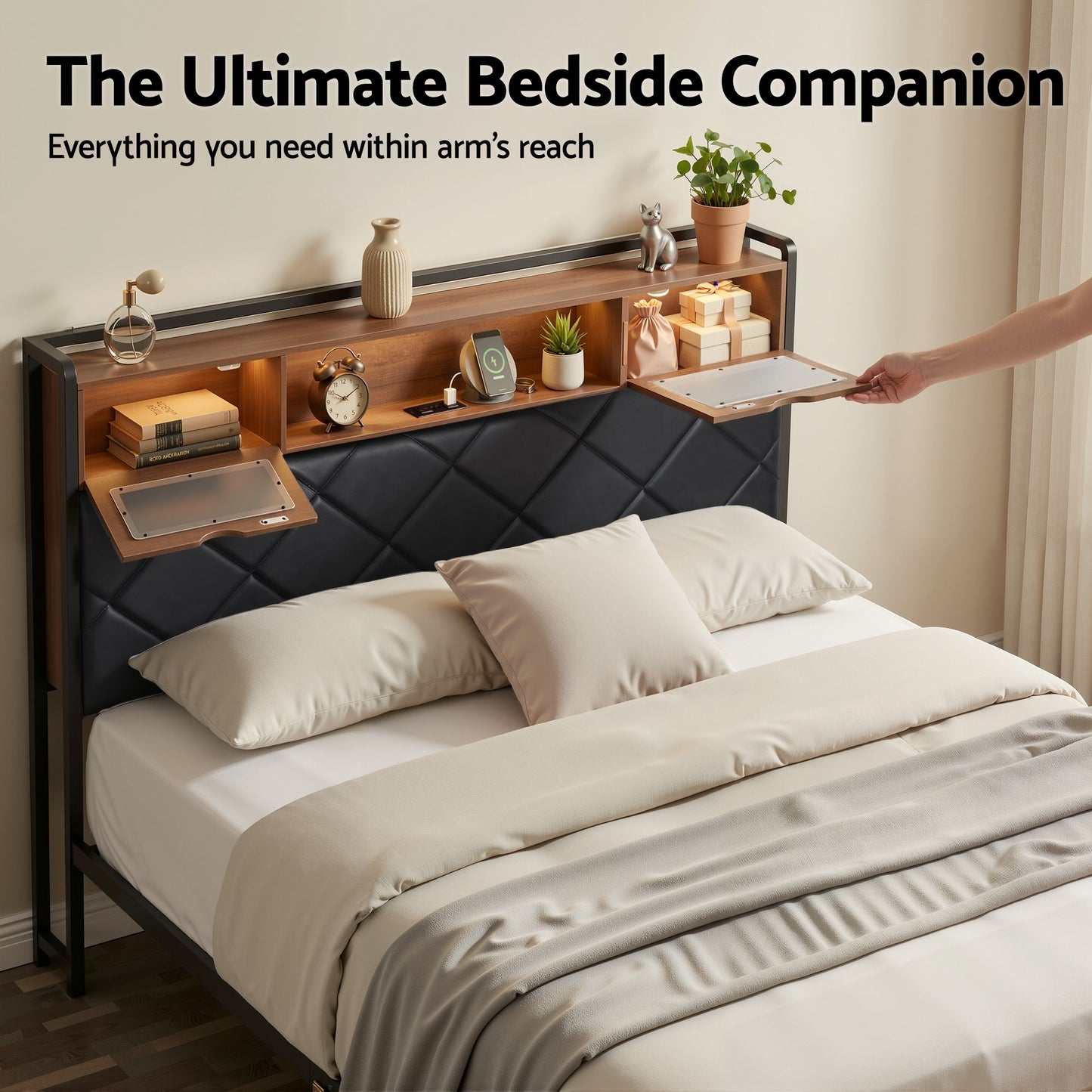 Muse Bed Frame with LED Lights Storage Headboard - Black Double