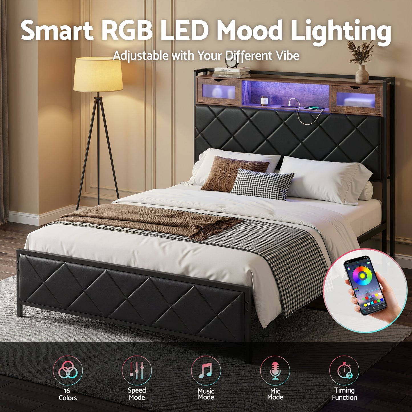 Muse Bed Frame with LED Lights Storage Headboard - Black Double