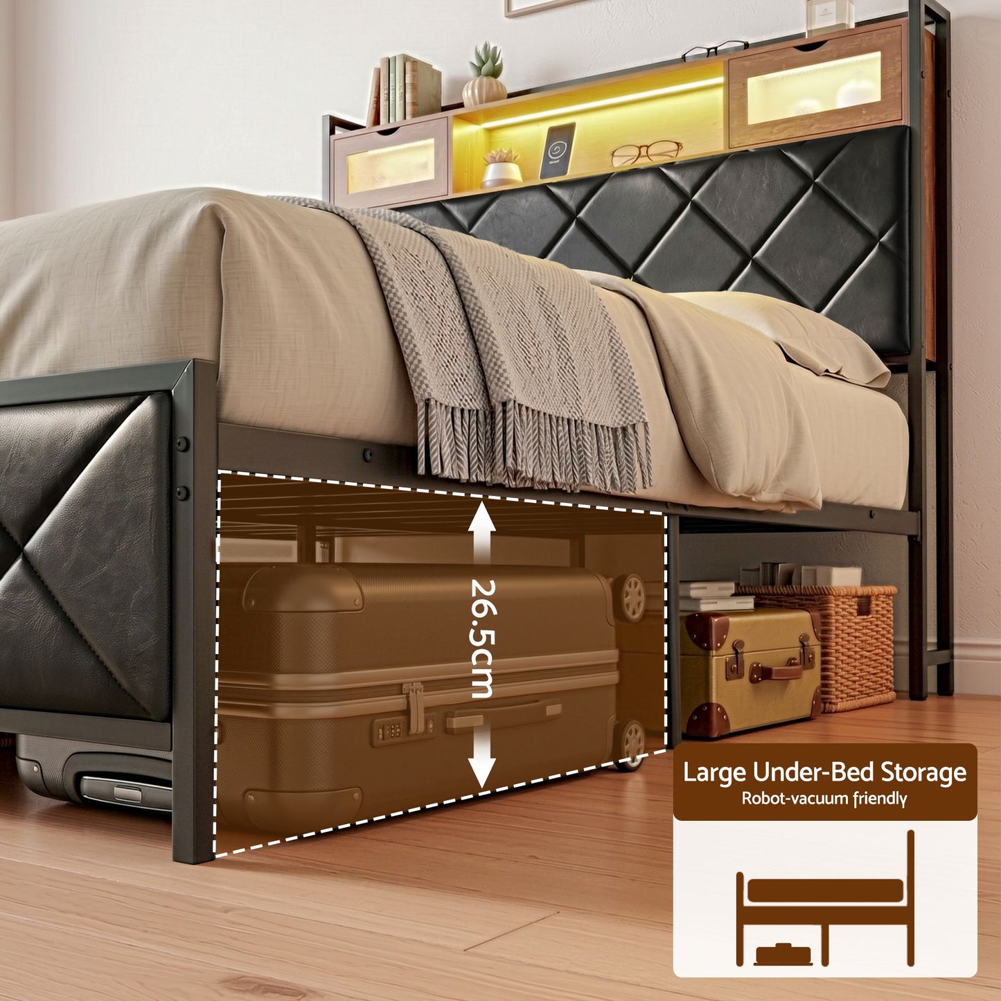 Muse Bed Frame with LED Lights Storage Headboard - Black Double