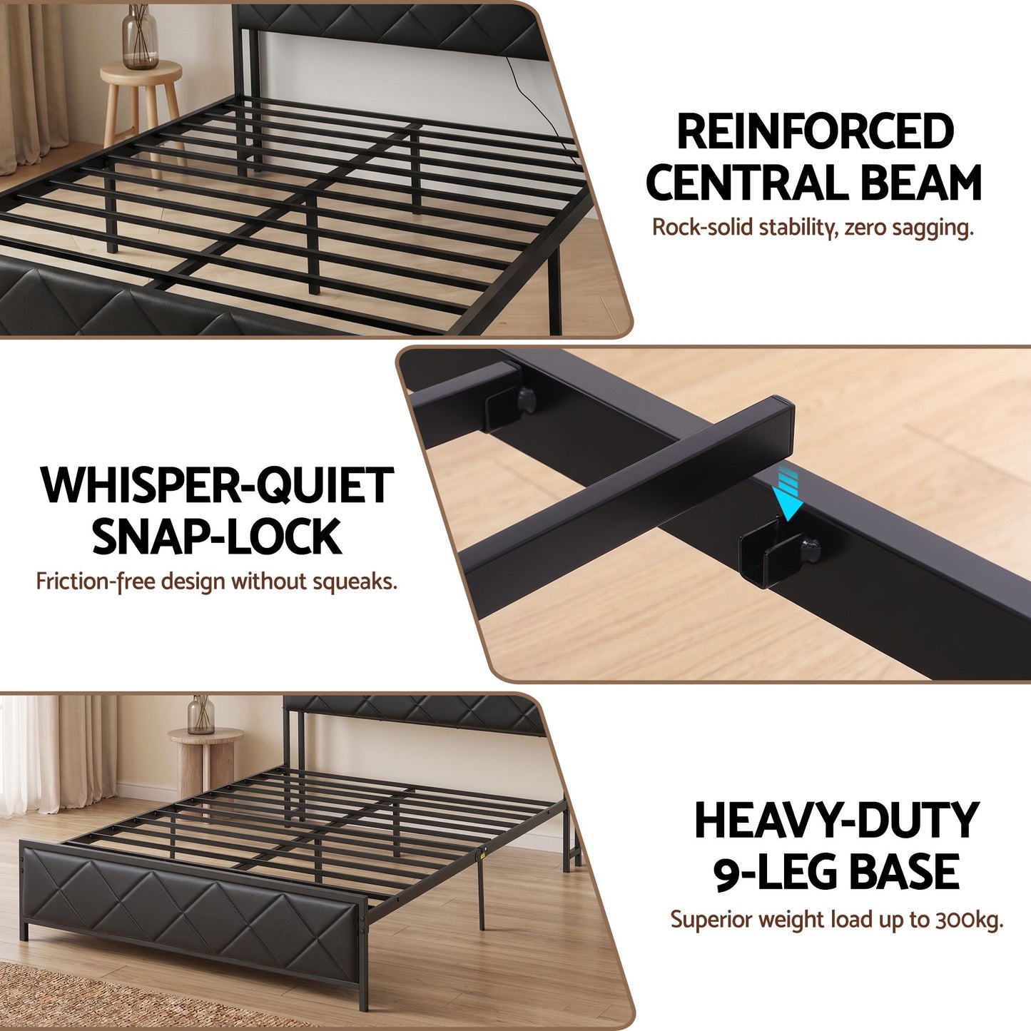 Muse Bed Frame with LED Lights Storage Headboard - Black Double