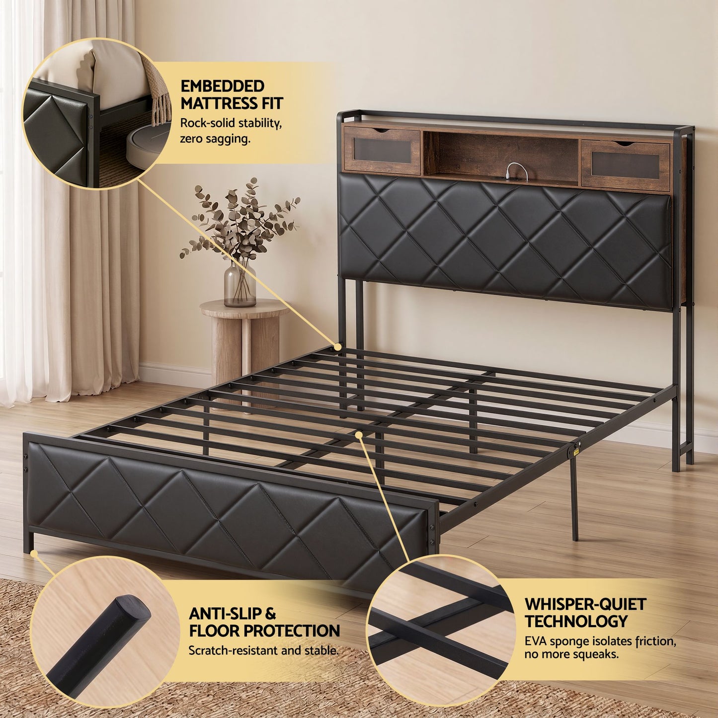 Muse Bed Frame with LED Lights Storage Headboard - Black Double