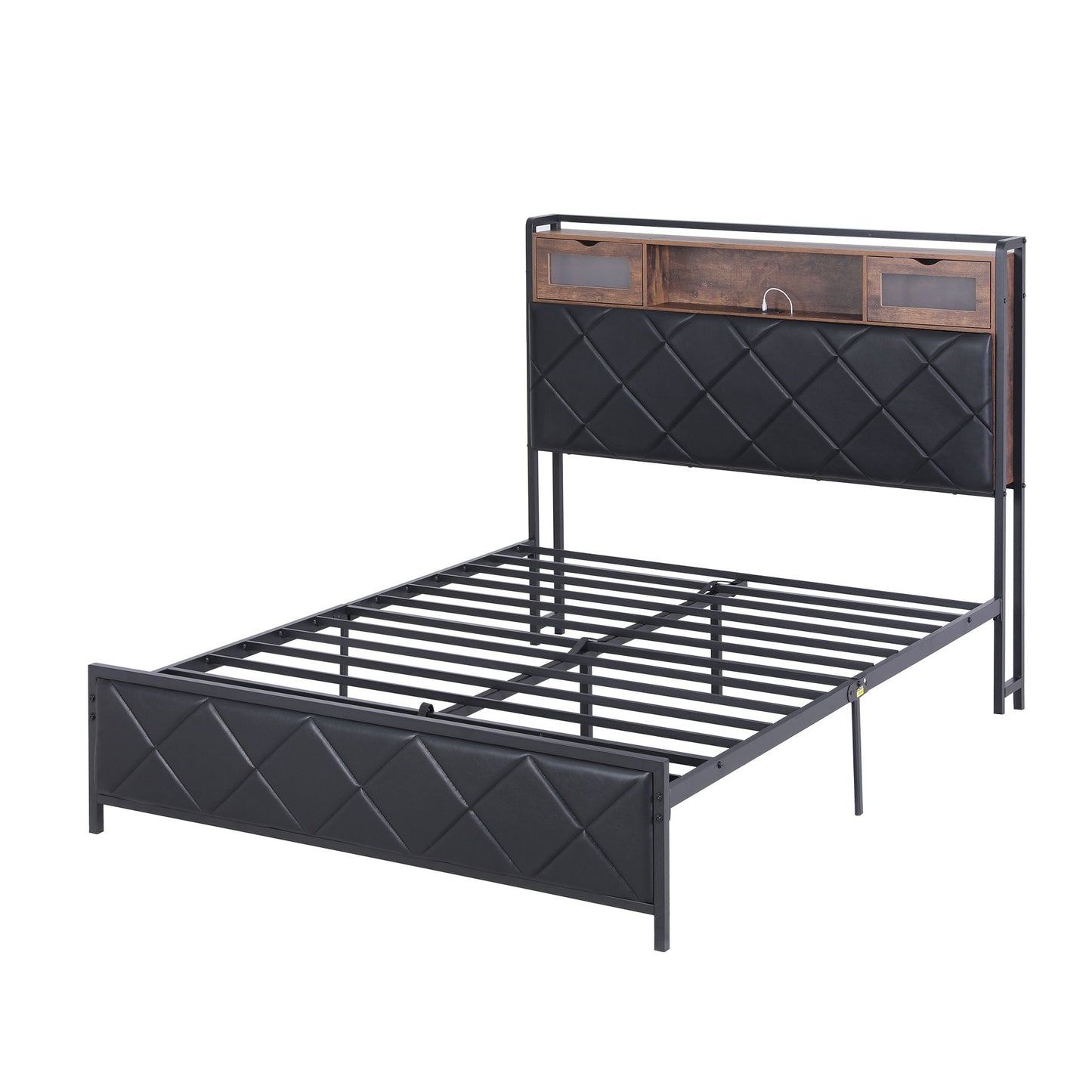 Muse Bed Frame with LED Lights Storage Headboard - Black Double