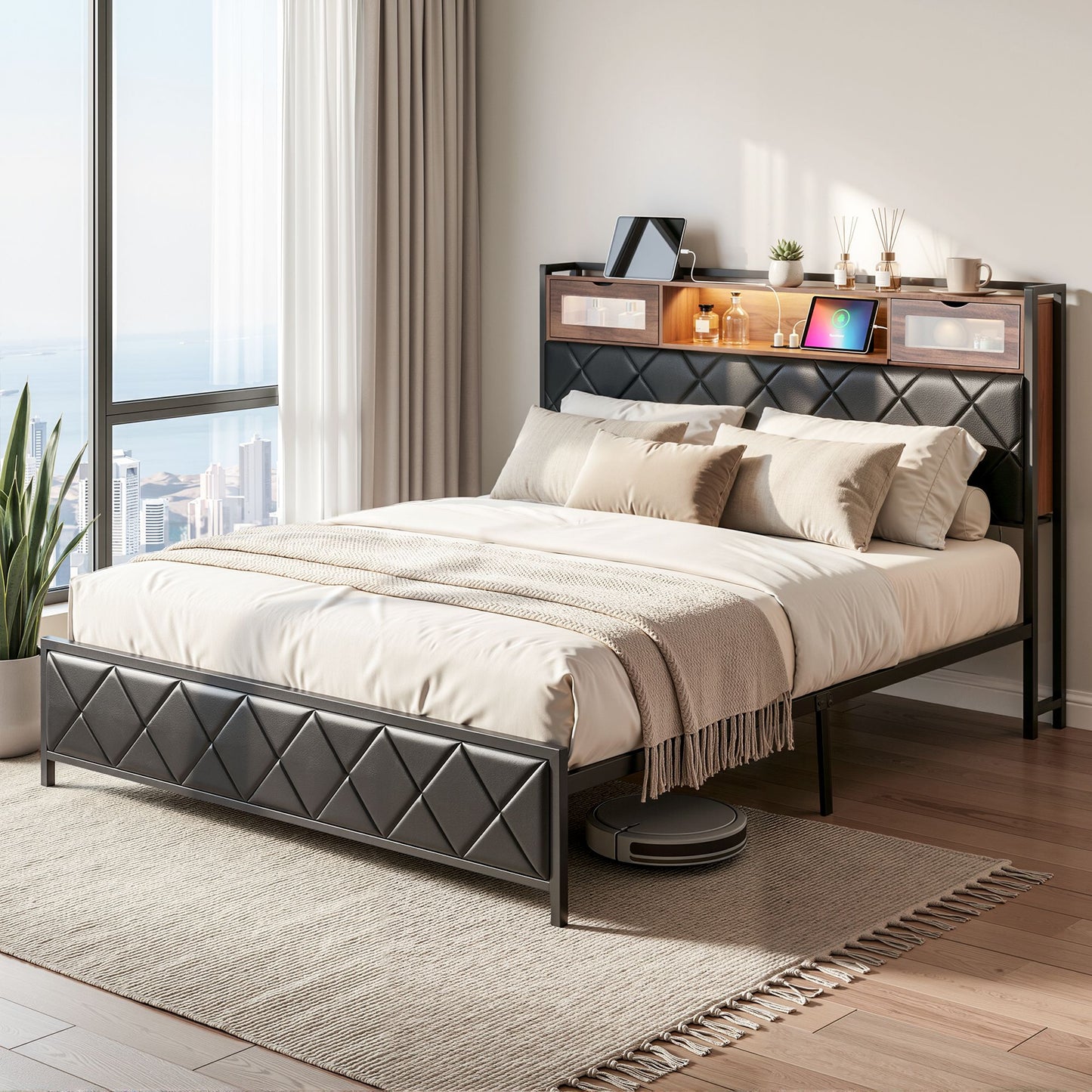 Muse Bed Frame with LED Lights Storage Headboard - Black King