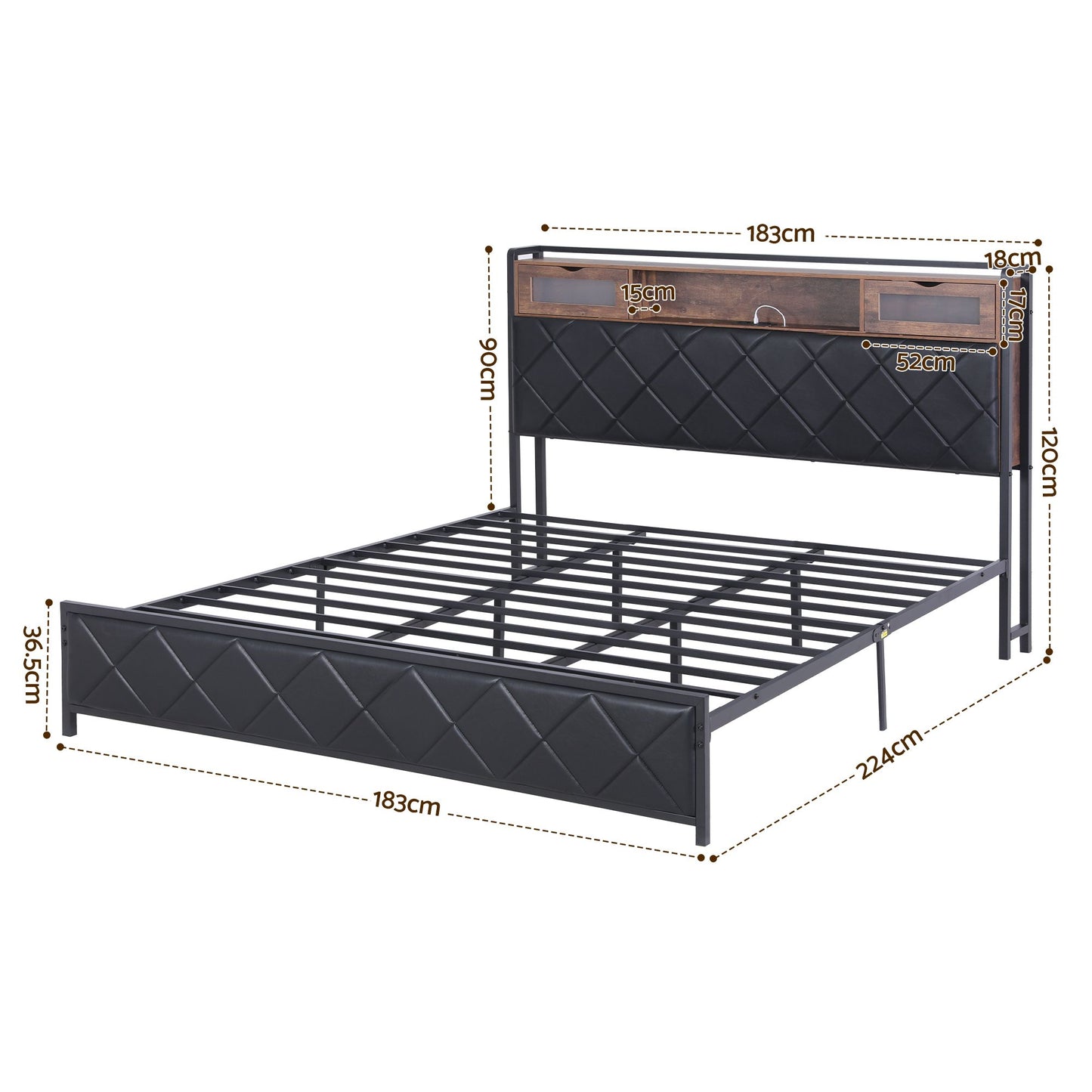 Muse Bed Frame with LED Lights Storage Headboard - Black King